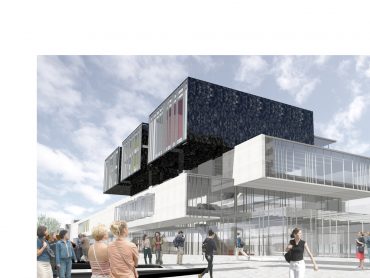 3D composite render of the main entrance and building form for the Helsinki Central Library