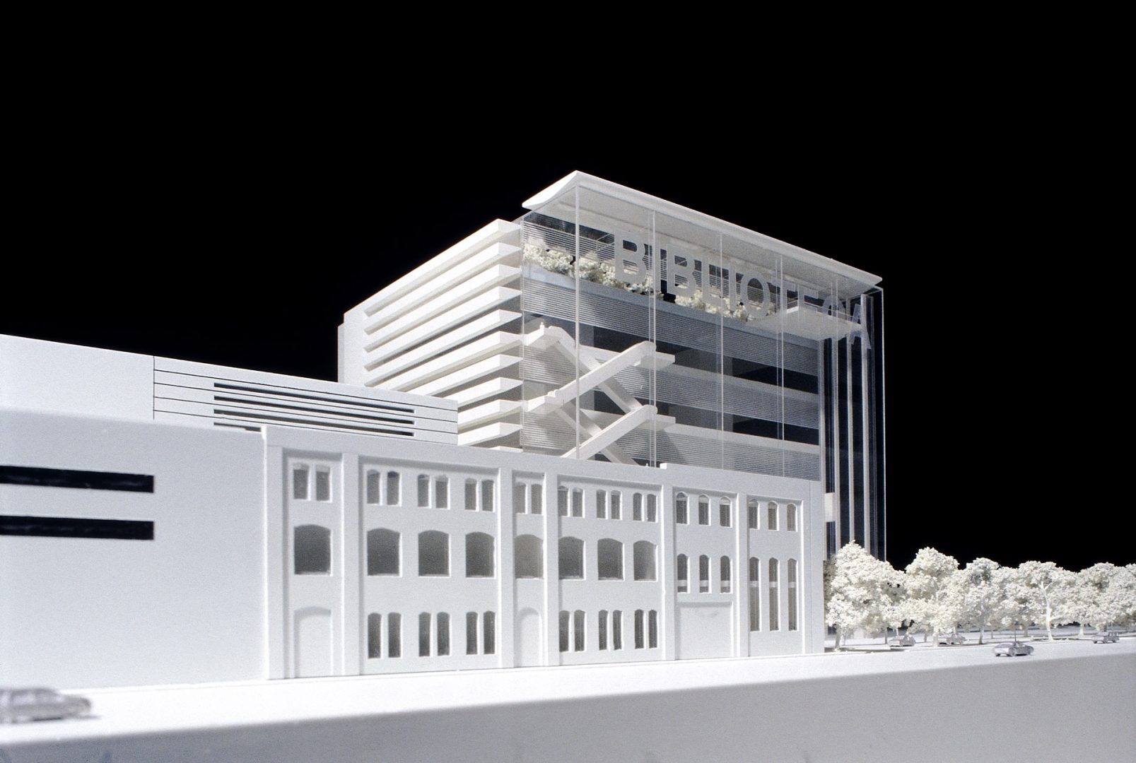 3D physical model of the proposed Centro Culturale di Torino from the Via Paulo Borsellino with the proposed city library beyond by Keith Williams Architects