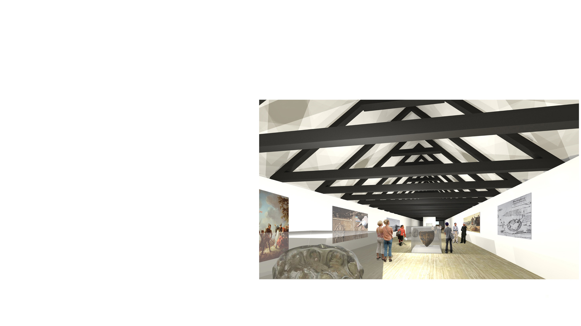 3D rendering of the interior of the renovated stable block forming a new exhibition gallery at the Vordingborg Museum