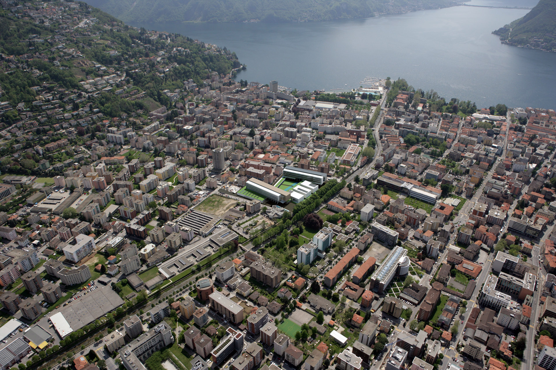 Aerial view of Campus Universitario USI/SUPSI Lugano with Lake Lugano in the background