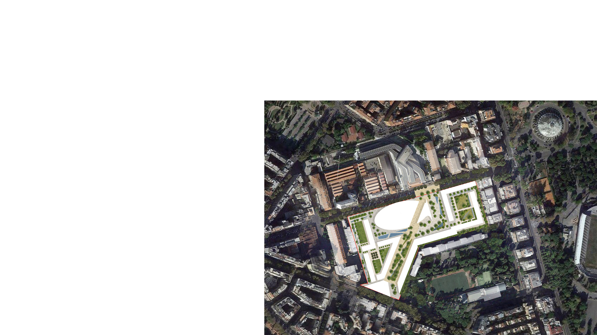 3D composite rendering of the Projetto Flaminio Masterplan Rome in the city context
