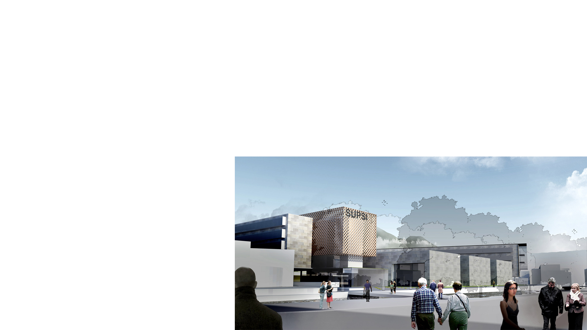 3D composite render of the lecture blocks and library, Campus Universitario USI/SUPSI Lugano