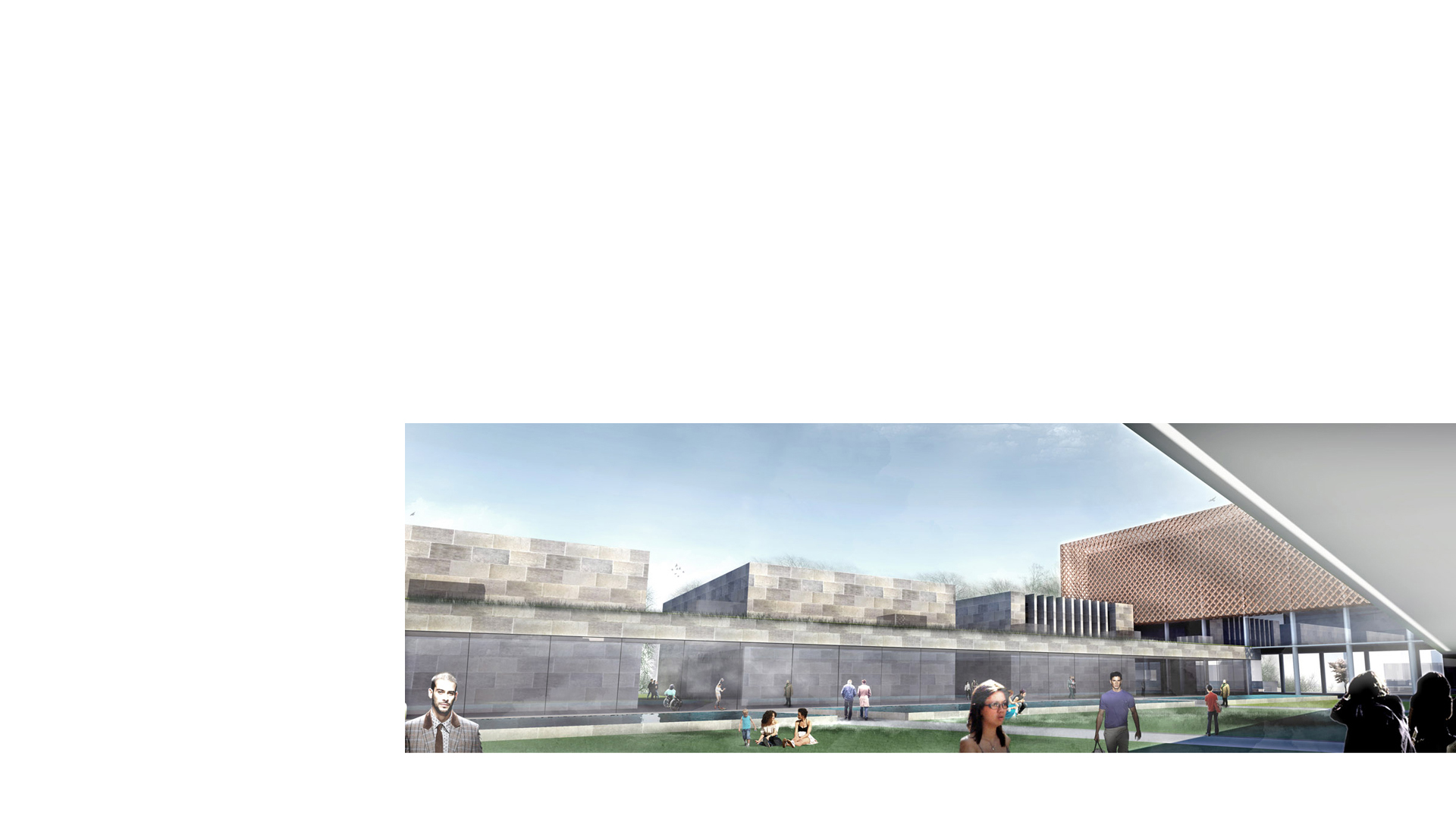 3D composite render of central courtyard at the Campus Universitario USI/SUPSI Lugano