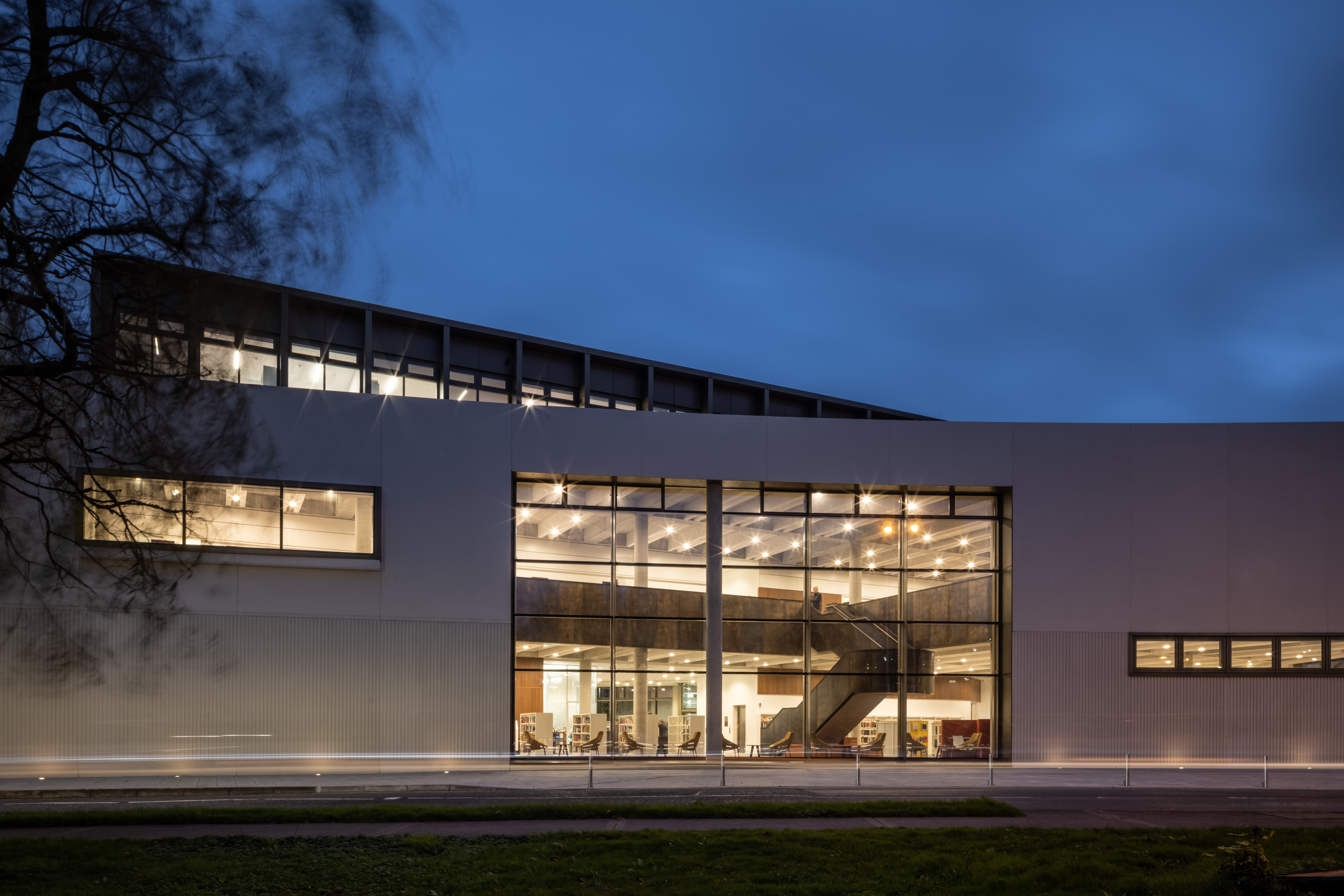 DeValera Library with Monastery Window at Dusk designed by Keith Williams Architects