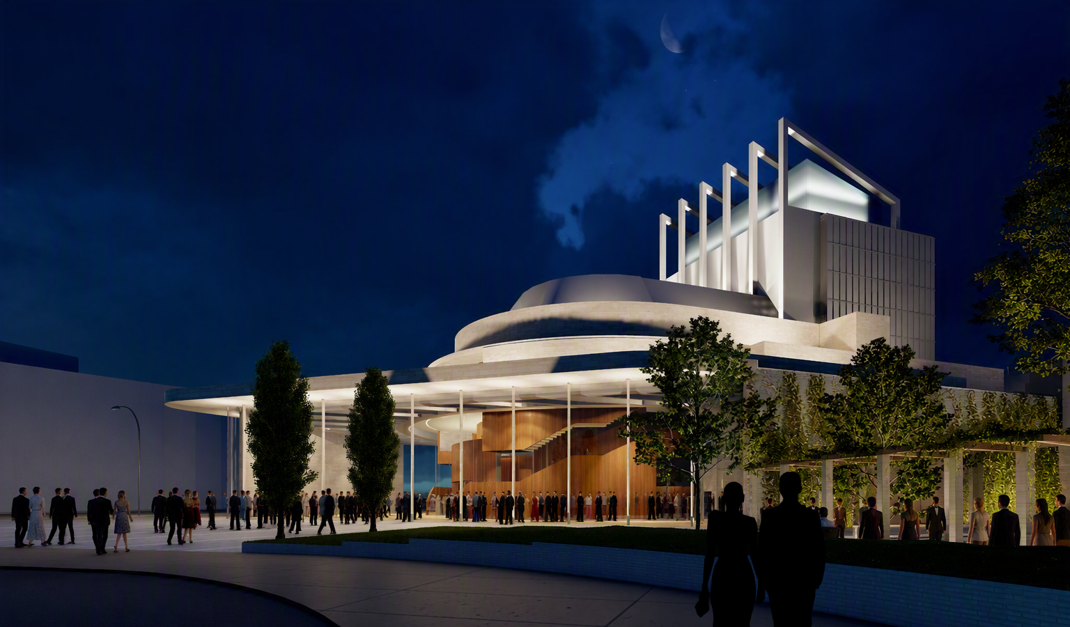 Mid West Opera House Night View with Foyer and Flytower designed by Keith Williams Architects
