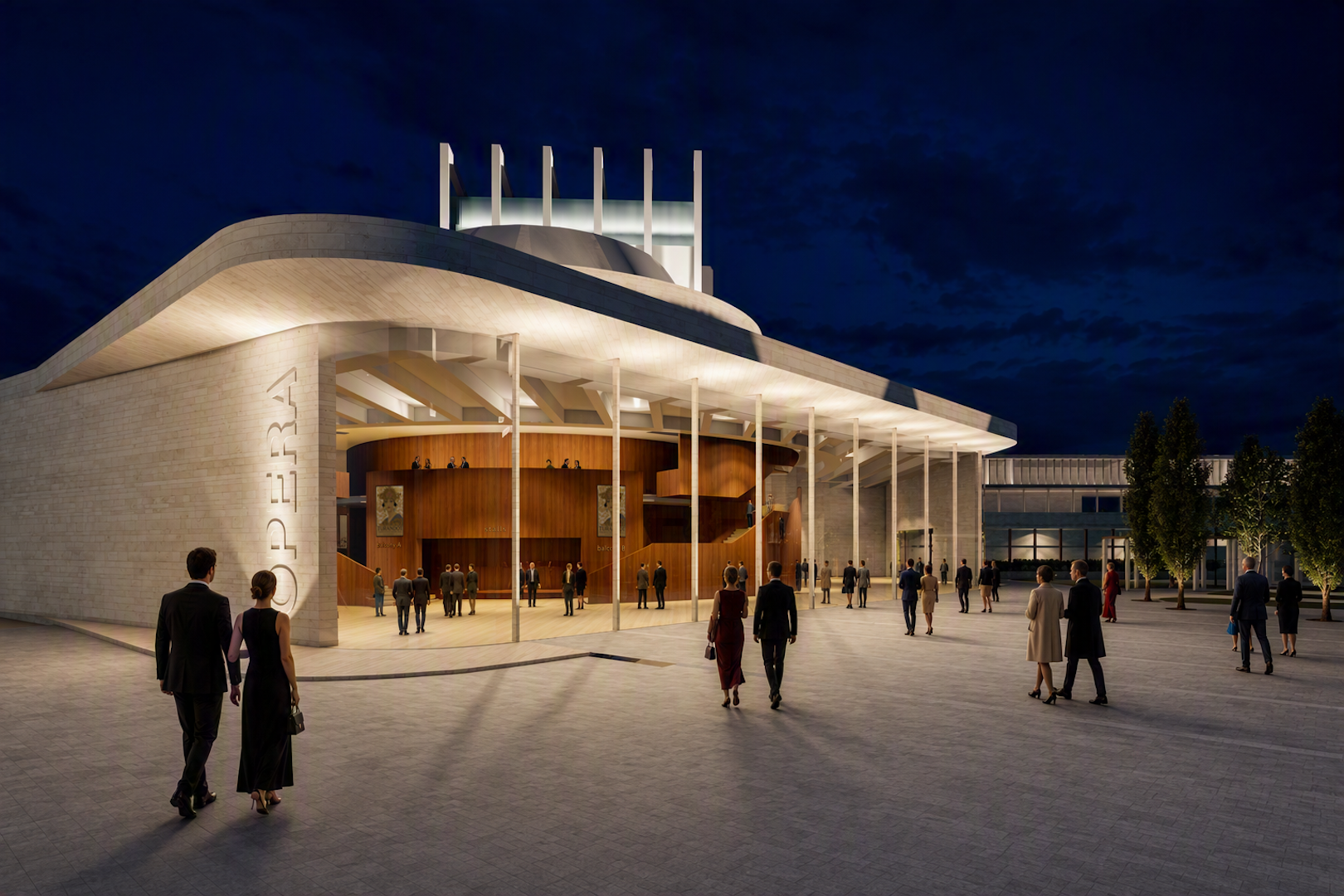 Mid West Opera House Main Approach at Night designed by Keith Williams Architects