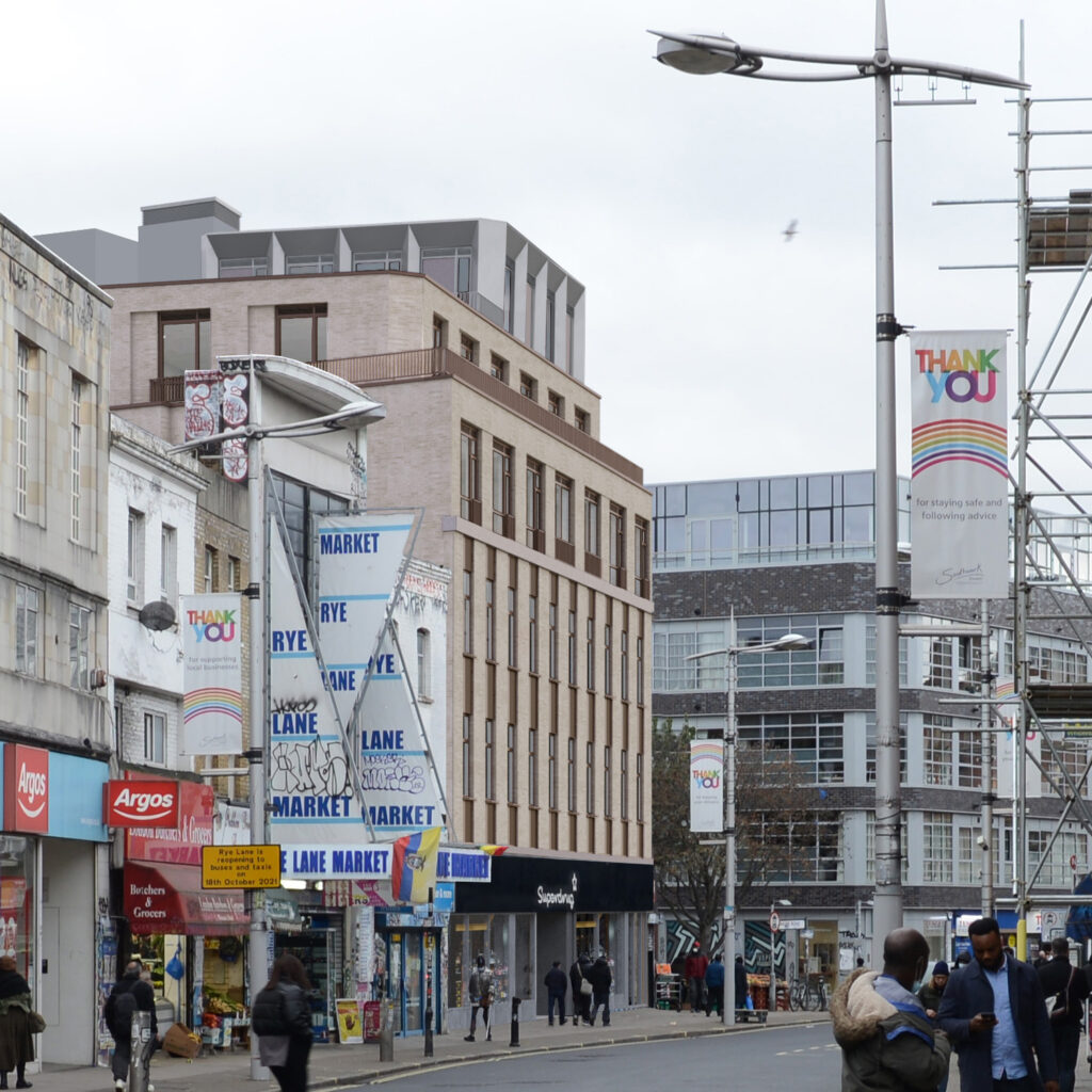 Proposed Development at 38-44 Rye Lane by Keith Williams Architects view along Rye Lane looking north